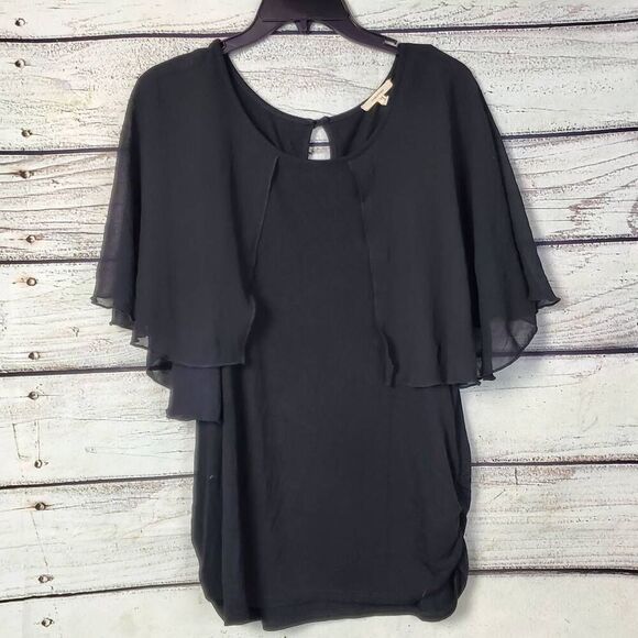 Maurices Black Flutter Sleeve Blouse L Women’s Dressy Keyhole Back Top Layered C - Picture 1 of 7